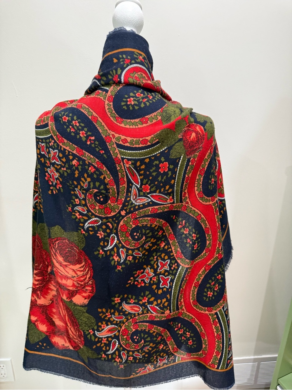 Navy Paisley Floral Wrap Scarf with Red Accents